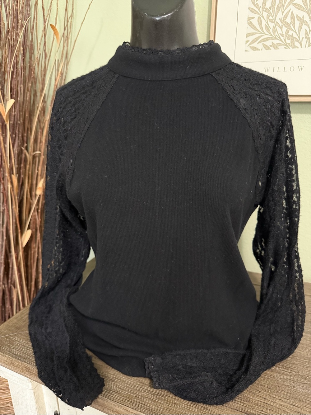 NWT Black Lace Raglan Mock Neck Top